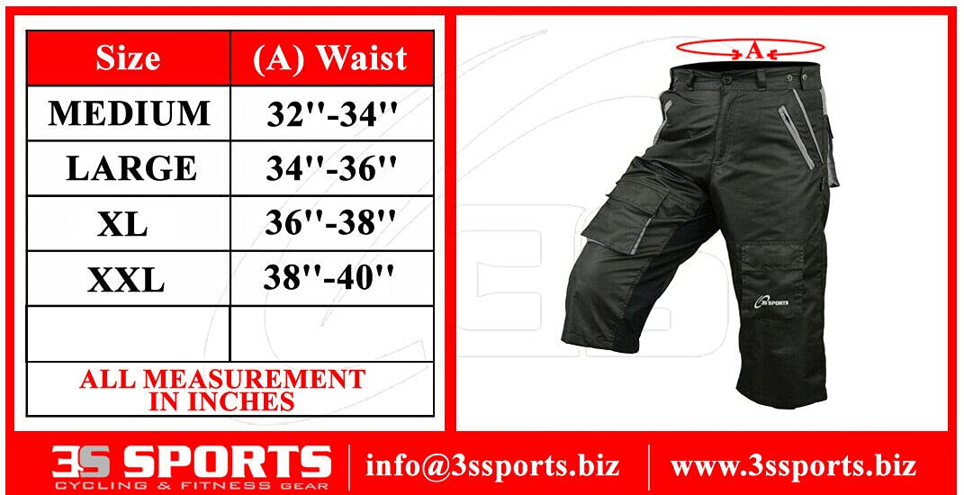 3S Sports Unisex Cycling 3/4 Shorts Mountain MTB Bike Downhill Biking Running Short Pant with Multi Pockets
