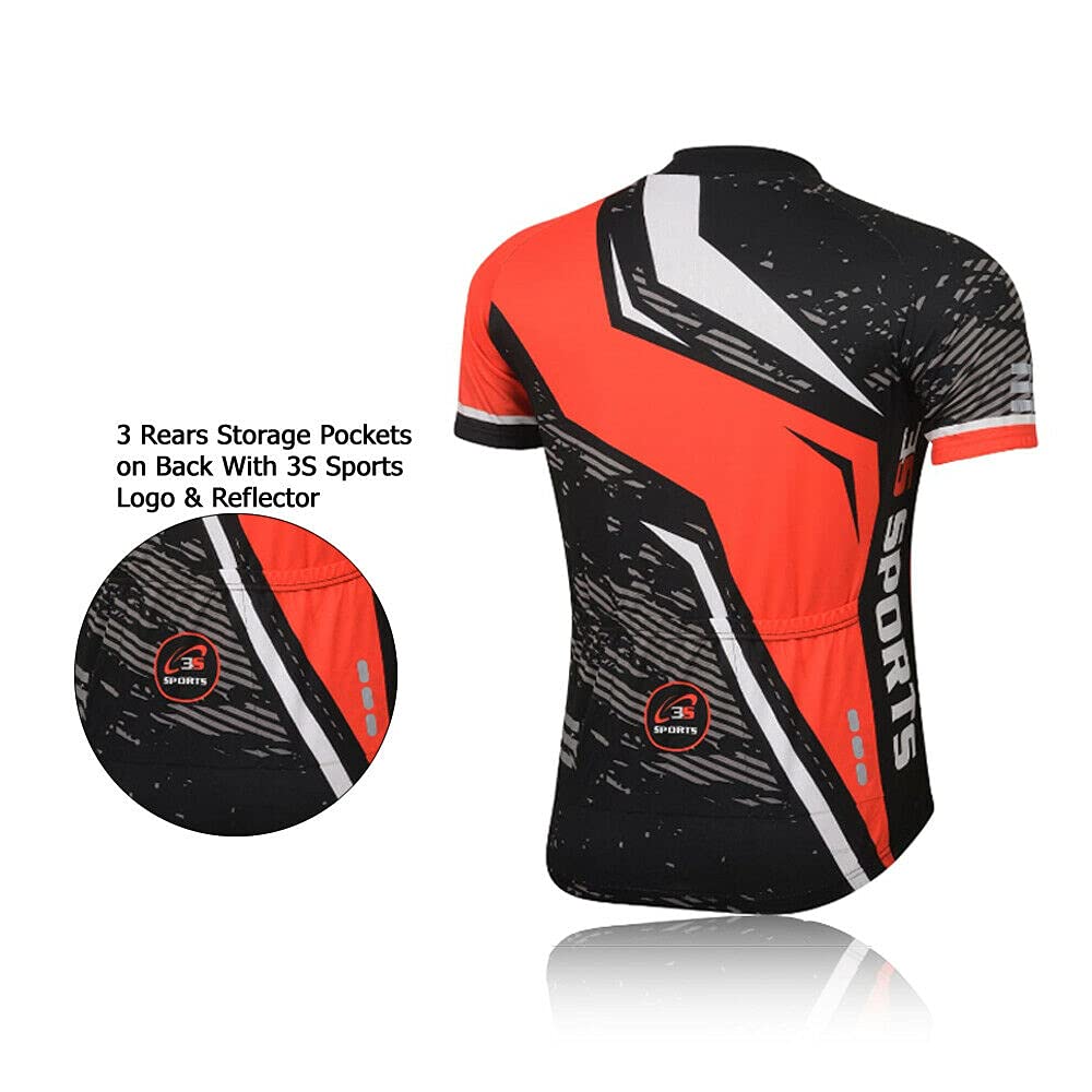 3S SPORTS Men's Cycling Jersey Short Sleeves Mountain Bike Shirt MTB Full Zipper Top Slim Fit T-Shirt with Reflectors and Back Pockets for Biking Racing