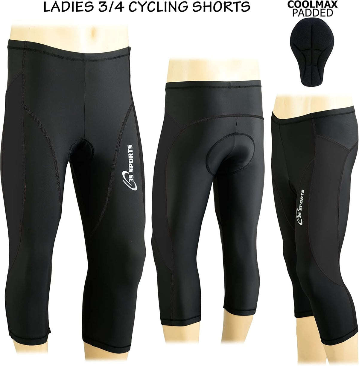 3S SPORTS Women's Cycling 3/4 Tights Padded Shorts Leggings Sportswear Bicycle Bottom Capris Pants for Exercise Bike Riding Running Gym Sports