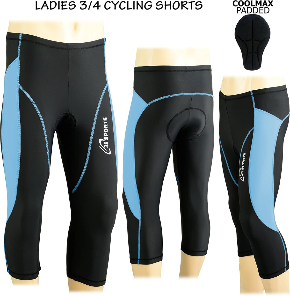 3S SPORTS Women's Cycling 3/4 Tights Padded Shorts Leggings Sportswear Bicycle Bottom Capris Pants for Exercise Bike Riding Running Gym Sports